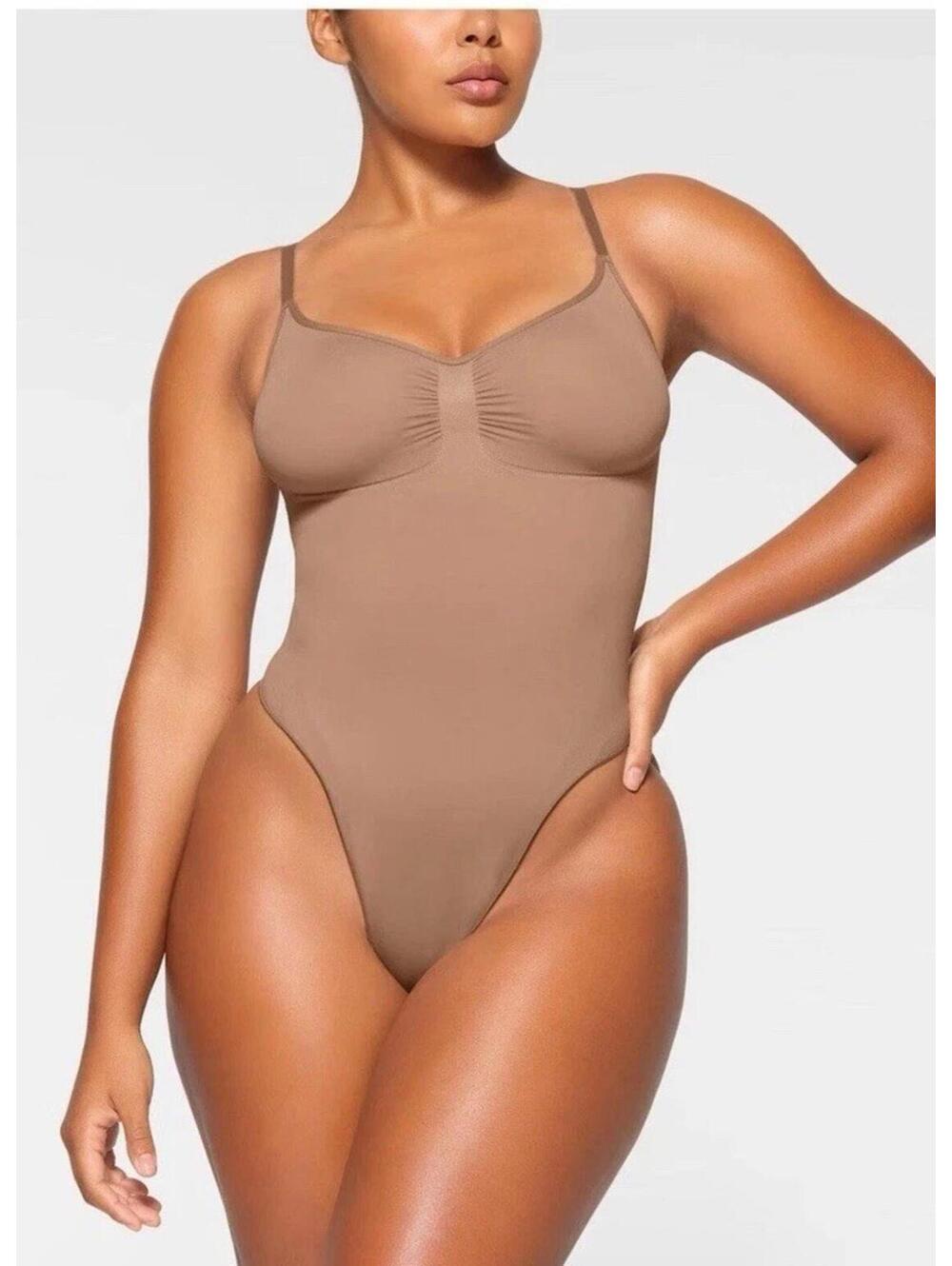 SKIMS Women's Seamless Sculpt Thong Bodysuit Color Clay  Size Medium